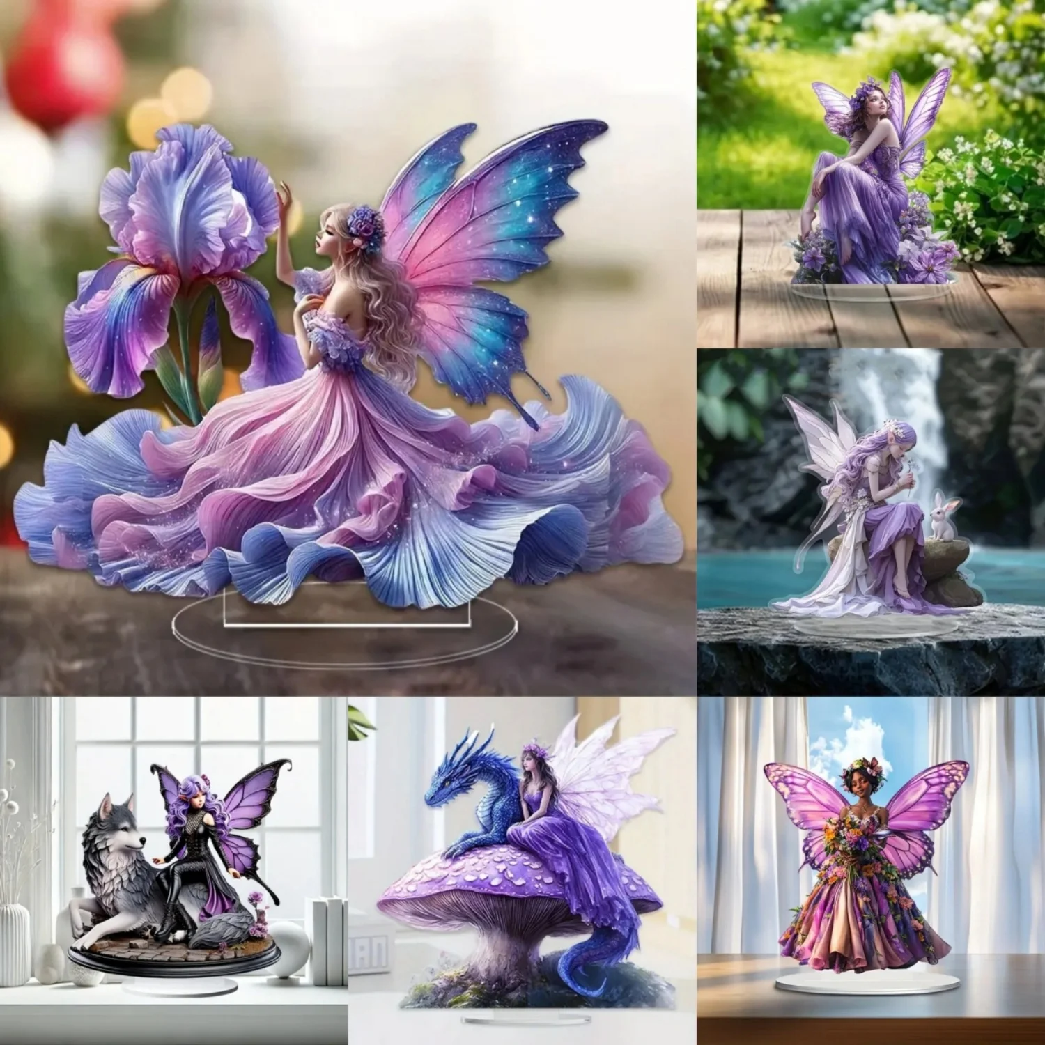 Fairy Statue,2D Flat Acrylic Purple Elves Figurine,Home,Office,Cafe,room,Studio,display Case,Table Desktop Ornament Decor Gift