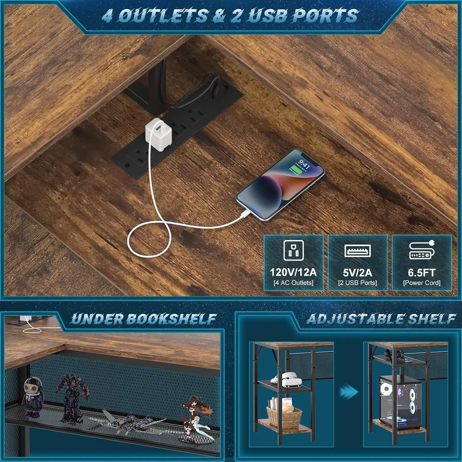 Unikito L Shaped Desk with LED Light and Power Outlet, Reversible Corner Computer Table with Monitor Stand