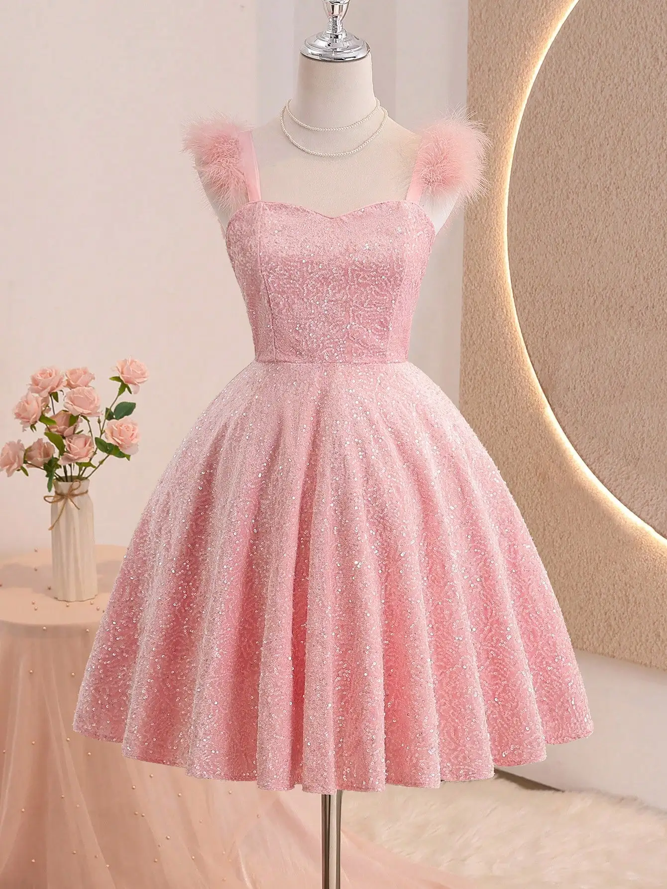 

Sparkly Sequin Dress With Fluffy Feather Shoulders Elegant Party Dress For Women