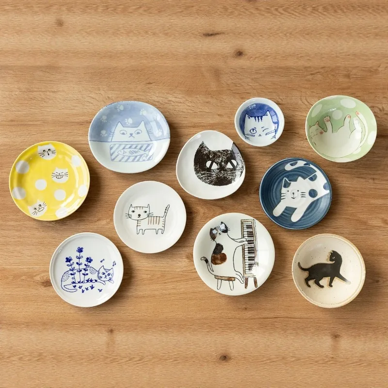 Japanese-Style Mino-yaki Underglaze Cartoon Cat Ceramic Plate Set, Dessert Dish, Snack Plate, Dinner Plate