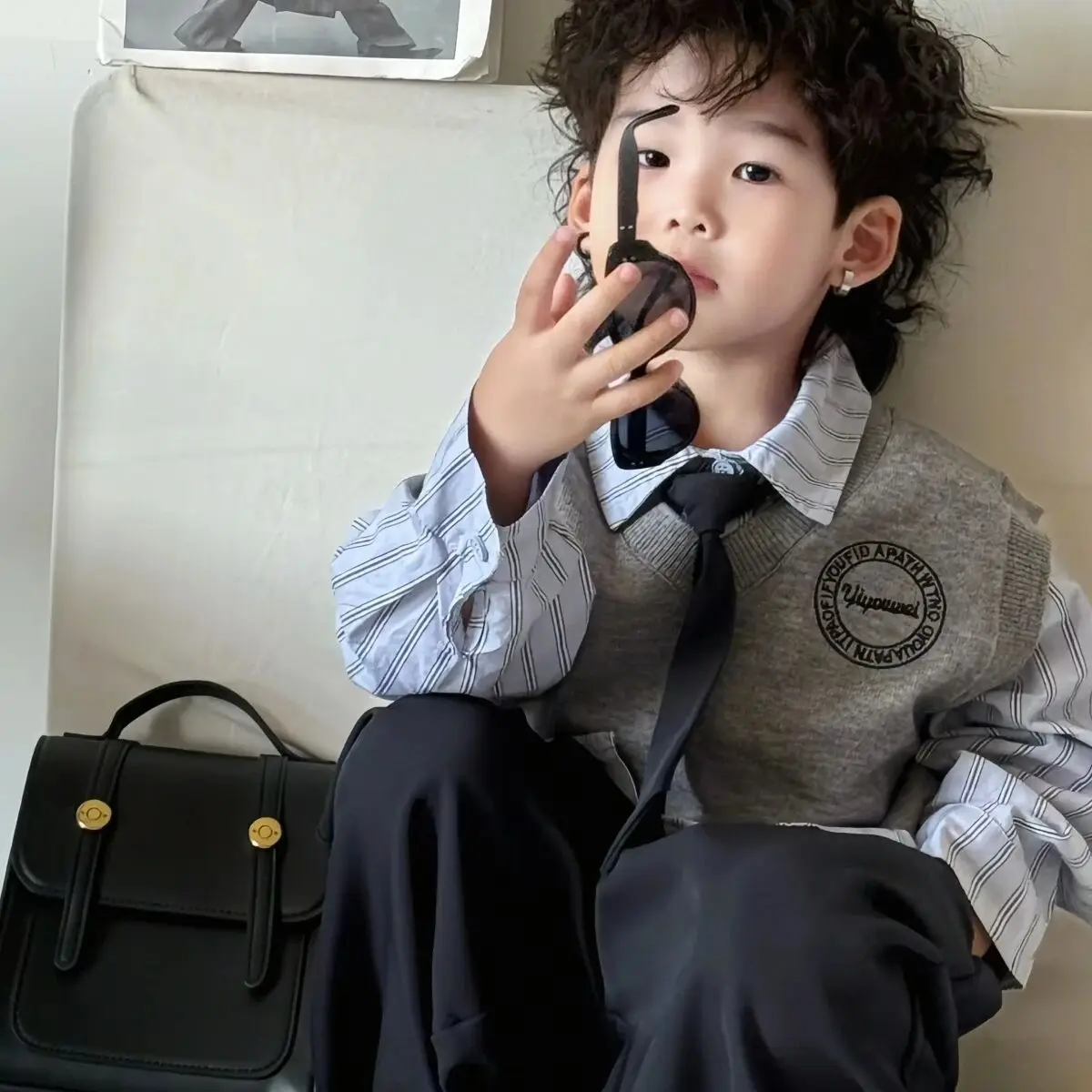 90-150cm Children's College Style Set Spring and Autumn New Style Boys' Blue Shirt Vest Casual Pants 3-Piece Set