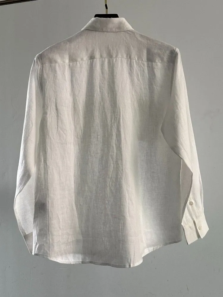 Spring Summer Mens Breathable 100% Linen Long Sleeve Shirt Beach Tops Single Breasted Lapel Collar Business Casual Work Shirts