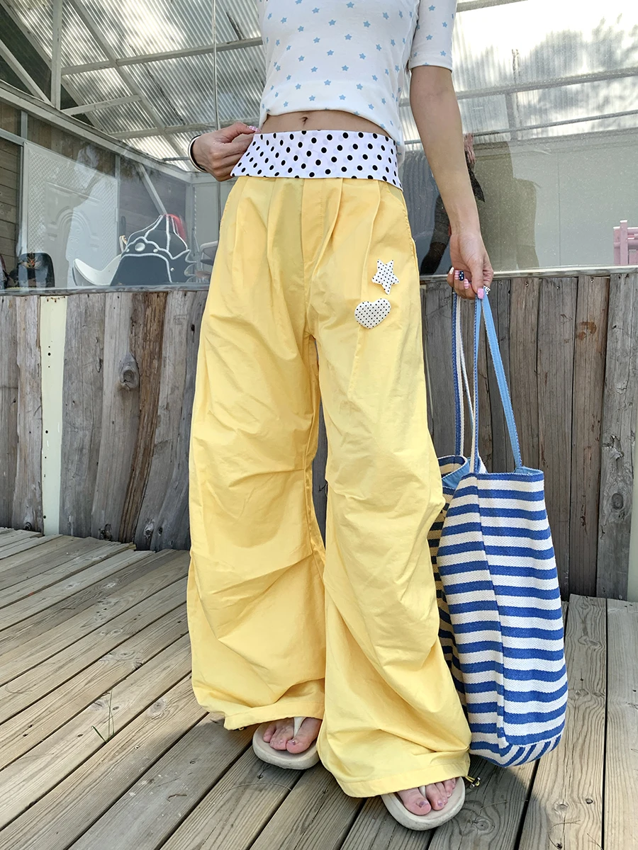 

Summer 2026 New Style Women's Casual Pants Dots Splicing Draping Wide Leg Pants Floor Length Trendy Natural Waist Design