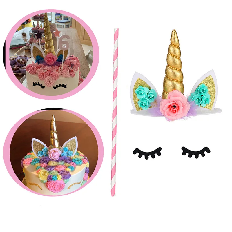 

New Unicorn Theme Boys and Girls Birthday Cake Decoration Eyelashes Set Unicorn Cake Baking Plug-in Decoration Ornaments