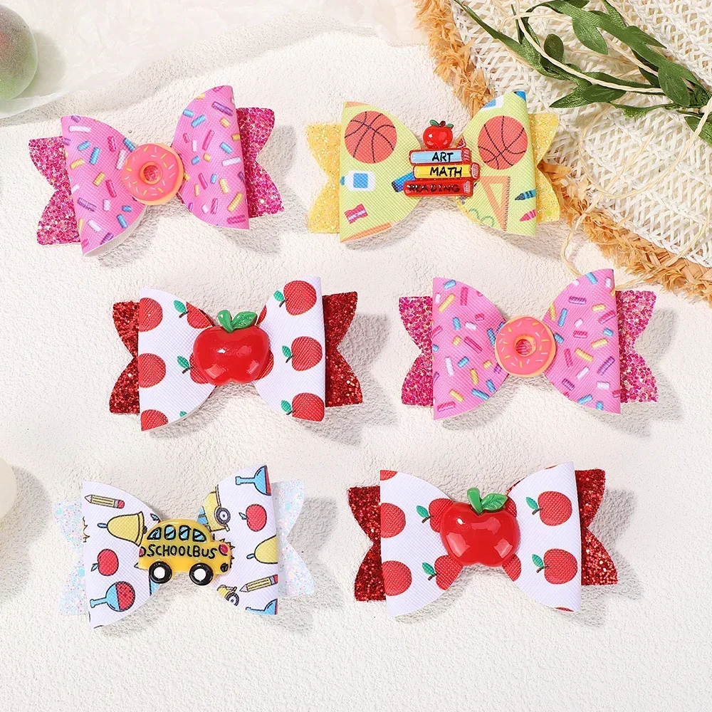 2 teile/satz Zurück Zu Schule Süße Haar Bögen Clip für Mädchen Nette Schule Bus Haarnadeln Band Druck Bleistift Barrettes Boutique headwear
