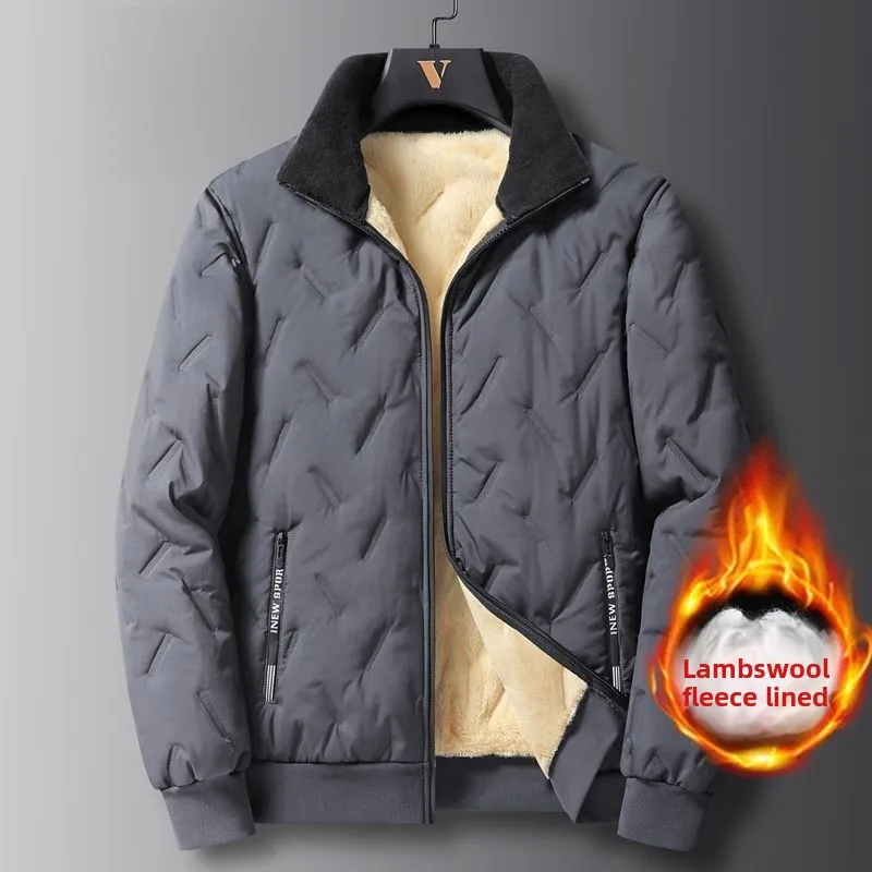 Jaket Pria Musim Dingin Bahan Katun Beludru Domba Longgar, Hangat, Modis, Serbaguna, Serat Poliester, Penutup Ritsleting, Warna Polos