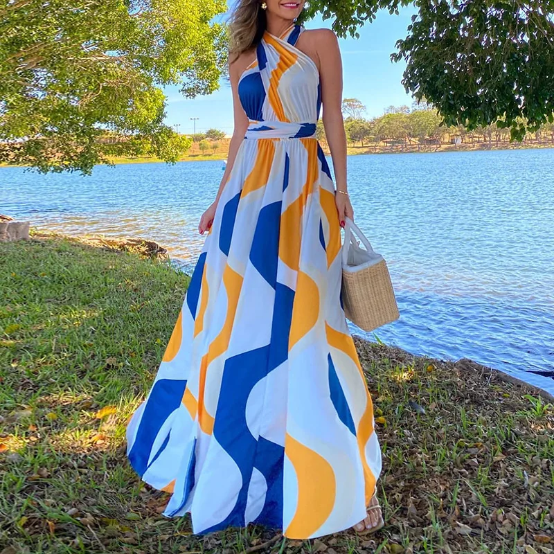 

European and American Women's Clothing 2025 Spring New Sweet and Fresh Printed Hanging Neck High Waist Slit Dress Long Skirt