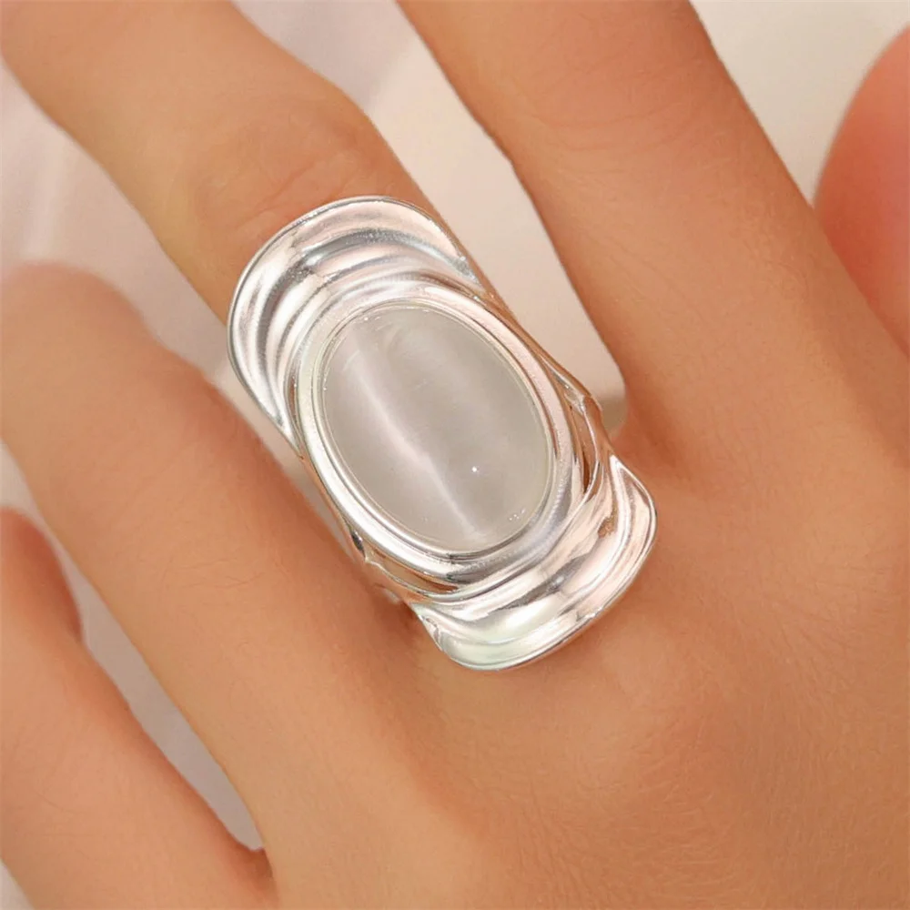 

Charm Moonstone Big Oval Opals Open Adjustable Rings For Women Silver Color Engagement Promise Bands Bridal Wedding Jewelry Gift