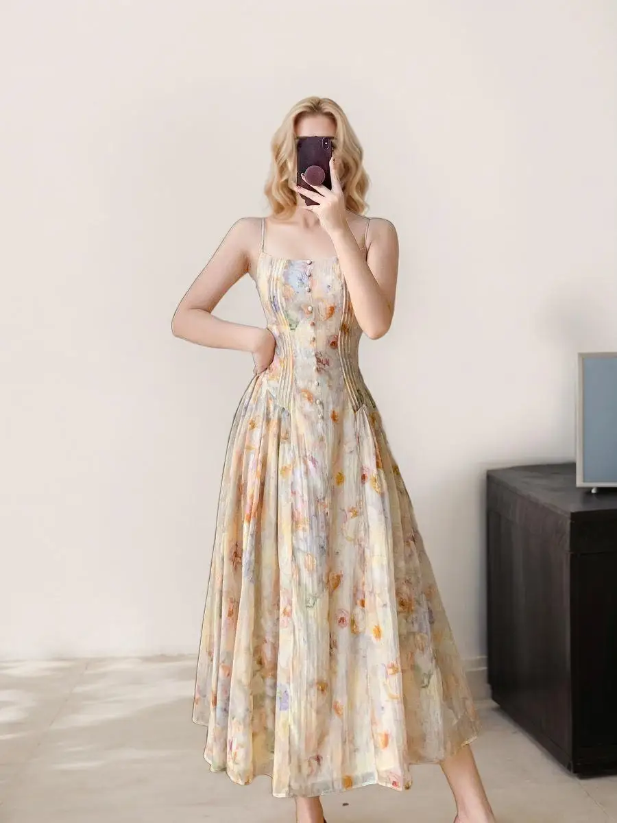 

YENKYE Summer Women Floral Print Sling Sexy Elegant Holiday Dress Pleated A-line Style Fairy Dresses High Quality Robe