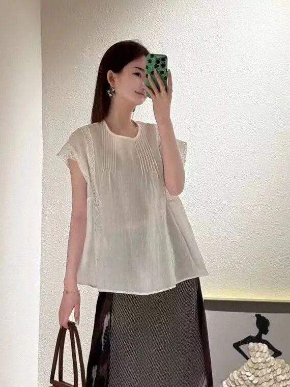 

plus Size Women's Shirt Lace Short Sleeve Doll Style Top Skin-friendly Breathable French Style Loose Fit Summer Fashion