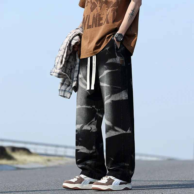 

Summer New zebra pattern tie-dyed high street elastic waist jeans straight pants loose all-matching fashionable men's clothing