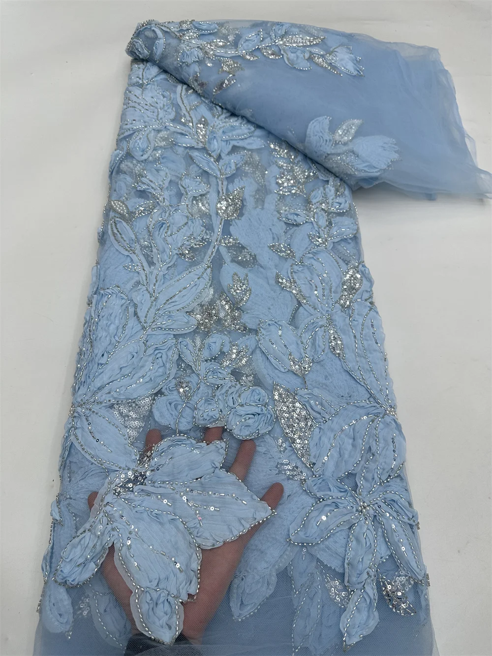 

Sky Blue Sequins Tulle Lace Fabric 2025 High Quality African 3d Groom Embroidery Mesh Net Laces 5 Yards For Sewing Party Dress