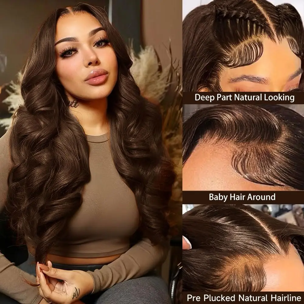 13x4 الجسم موجة شفافة الدانتيل الجبهة الباروكات شعر الإنسان الشوكولاته براون الدانتيل شعر مستعار أمامي شعر الإنسان قبل قطعها 200% الكثافة 30 بوصة