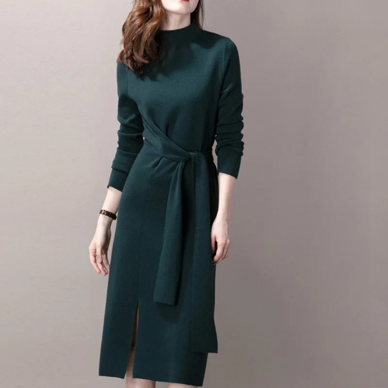 

Half Turtleneck Knitted Dress Women's Mid-Length Strap Temperament Waist-Controlled Split Slimming Base Inner Skirt