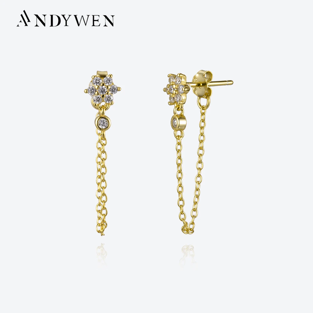 

ANDYWEN 925 Sterling Silver Gold Flower Stud Earring Clips Rock Punk Fine Jewelry 2022 Luxury Tiny Pendientes Chain Jewels