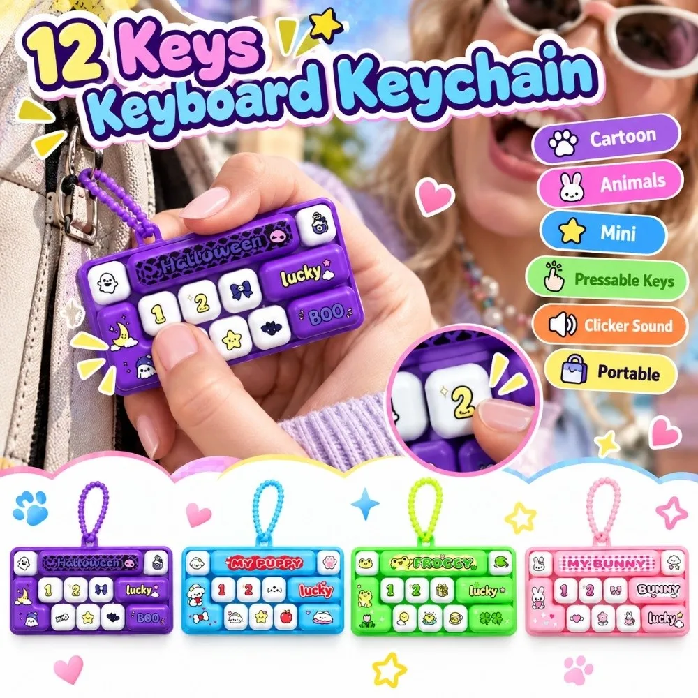 Cartoon 12 Keys Keyboard Keychain Animals Pressable Keys Fingertip Button Keyring Mini Creative Stress Relief Fidget Toy