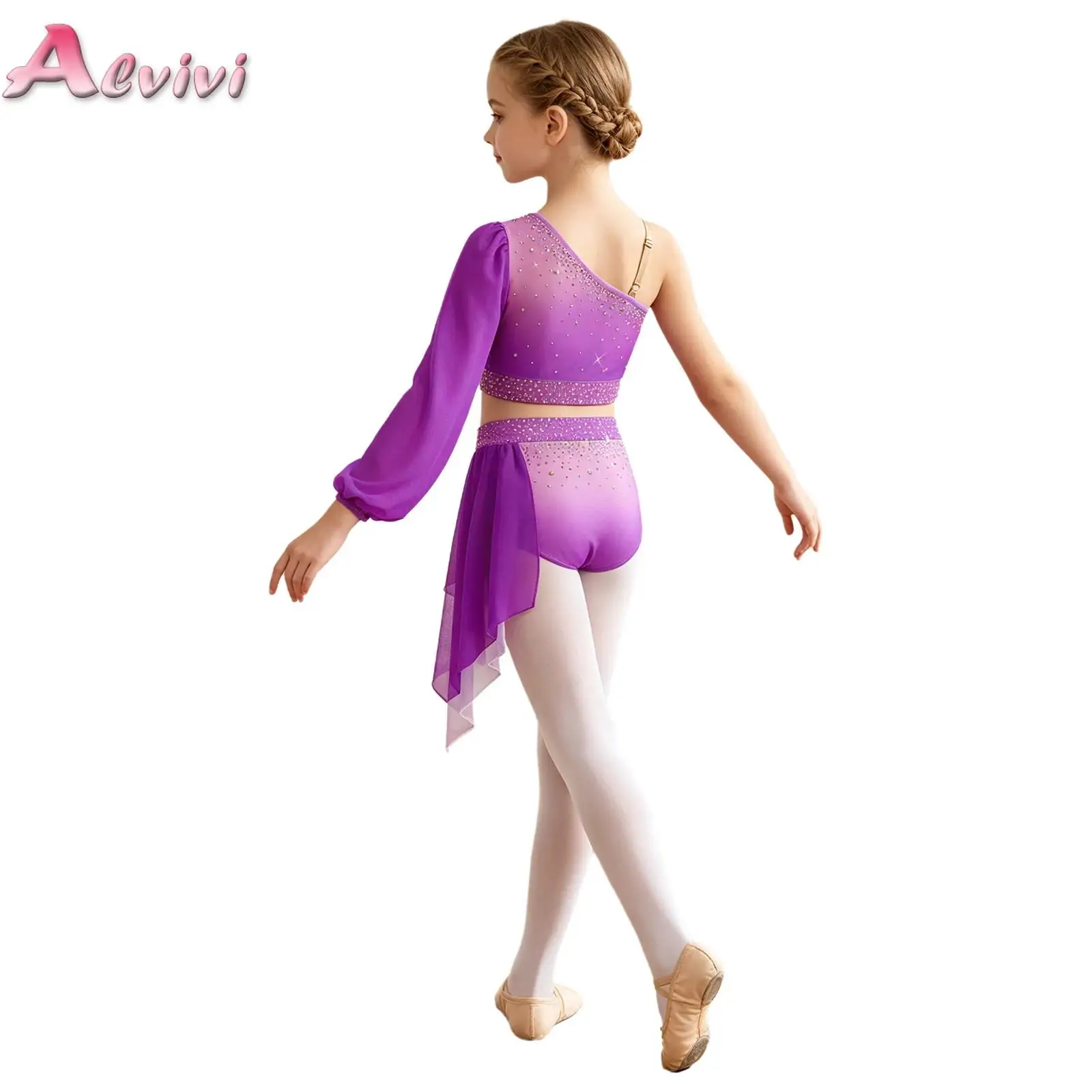 

Kids Girls Rhinestone Gradient Color Lyrical Dance Outfit One Shoulder Long Puff Sleeve Crop Top with Applique Skirt Ballet Suit