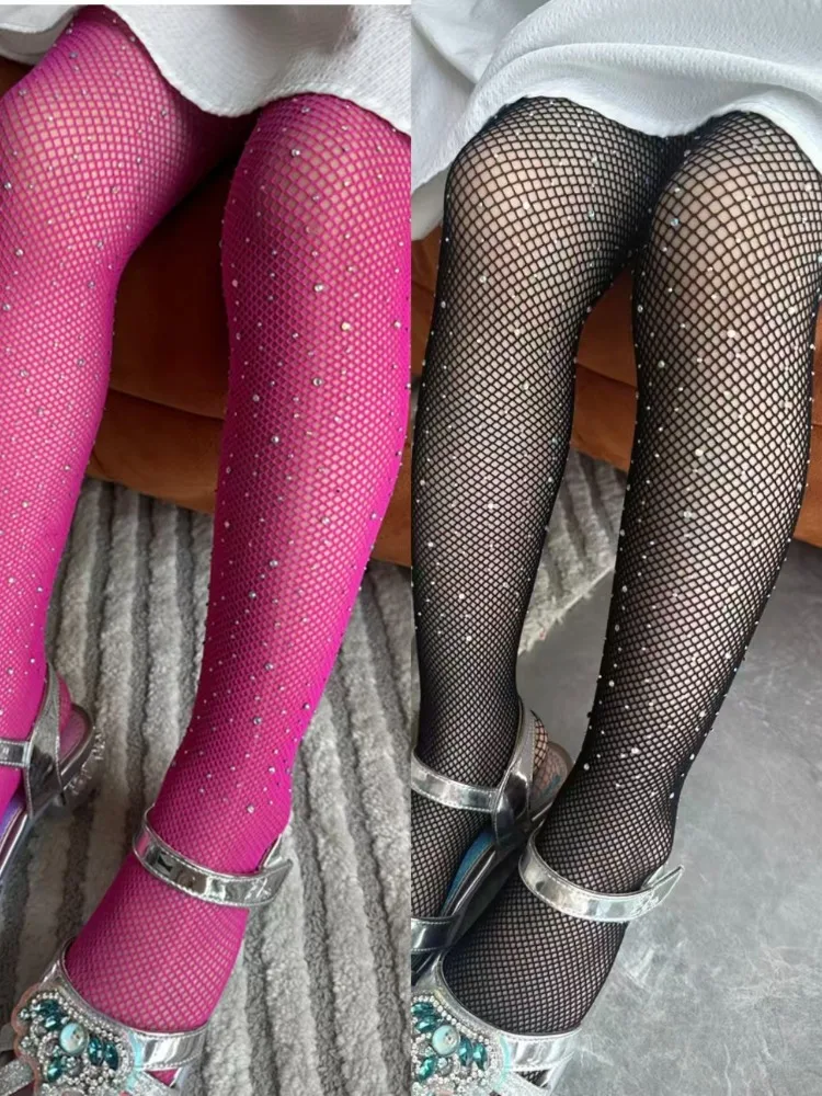Child Fish Net Rhinestone Stretchy Tight Performance Costume Pantyhose Kids Candy Color Fishnet Glitter Stage Dance Tight Pants