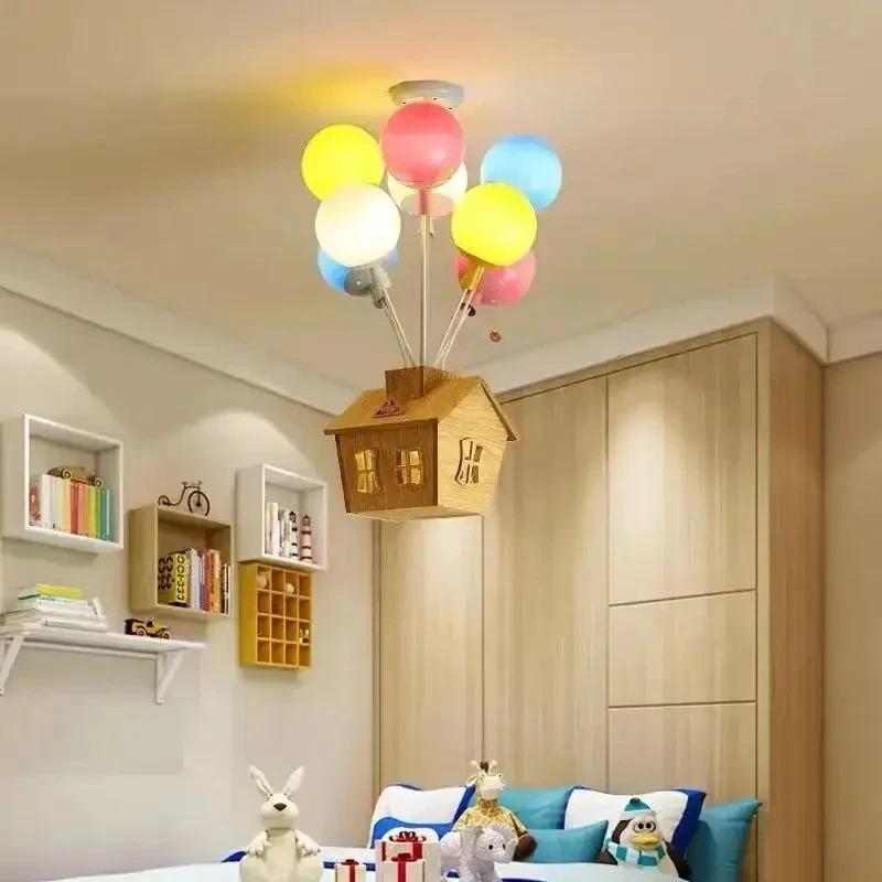 Modern Wooden House Ceiling Light Colored Acrylic Balloon Lampshade Creative Bedroom Living Room Restaurant Kitchen Hanging Lamp