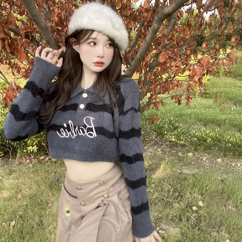 Women Striped Sweater Sweet Long Sleeve Loose Sweater Knit Pullover Jumper Crop Tops