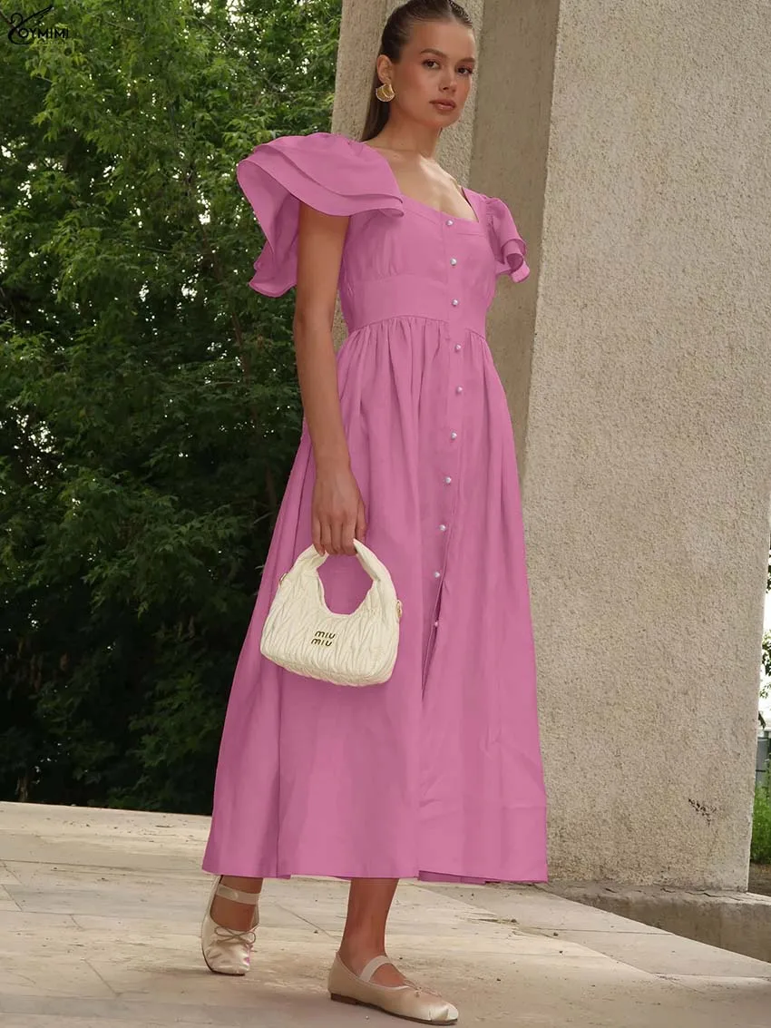 

Oymimi Elegant Pink Cotton Dresses 2025 Woman Fashion Square Neck Ruffled Button Dresses Casual High Waist Mid-Calf Dress Female