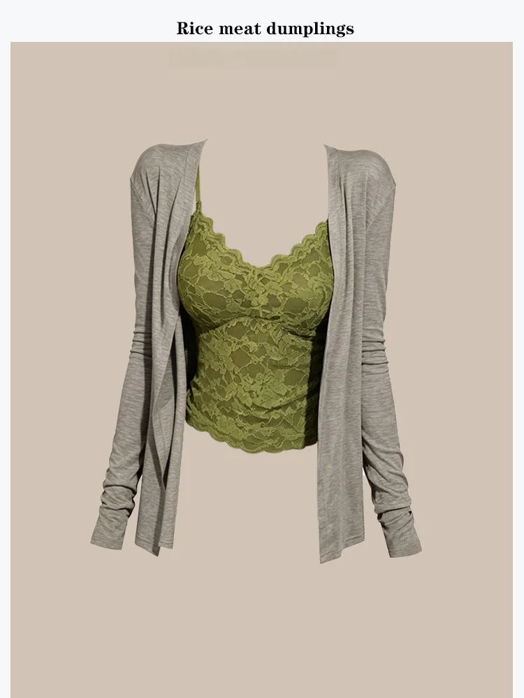 

Stunning Lace V-Neck Strap Vest Thin Breathable Beautiful Summer Two-Piece Set Women's High Elastic Short Sleeve Long Sleeve