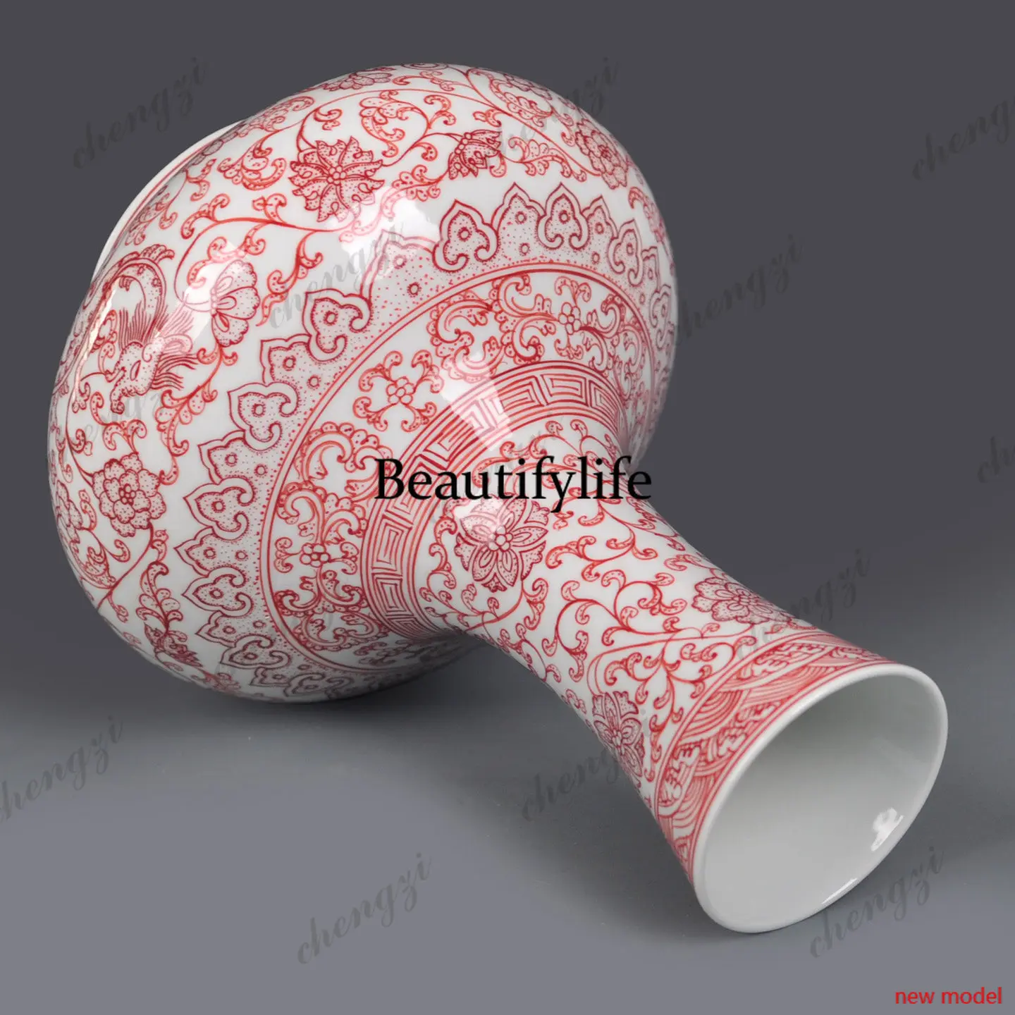H178Red hand-painted underglaze red Chinese vase household hydroponic ornament living room TV cabinet