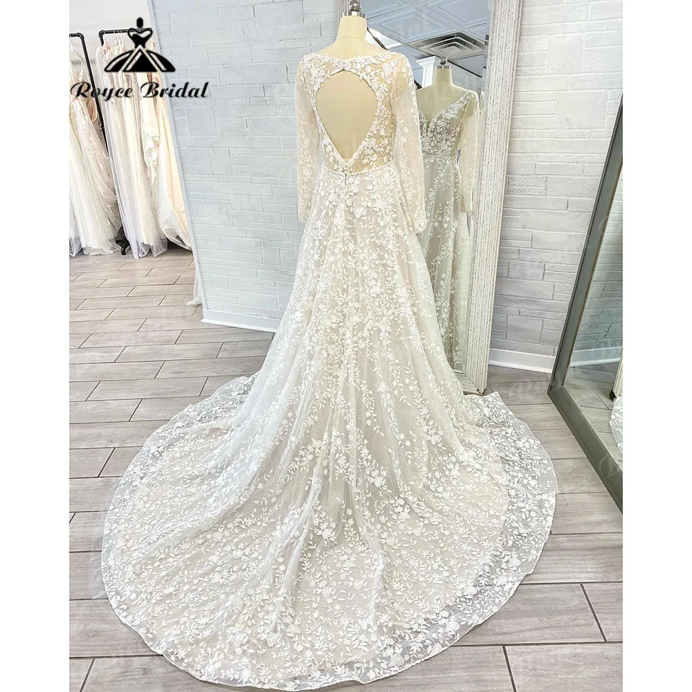 Luxury Plunging Long Sleeve Full Lace Wedding Dress with V  Neck 2024 Open Back Bridal Gown for Wome hochzeitskleid suknia slubn