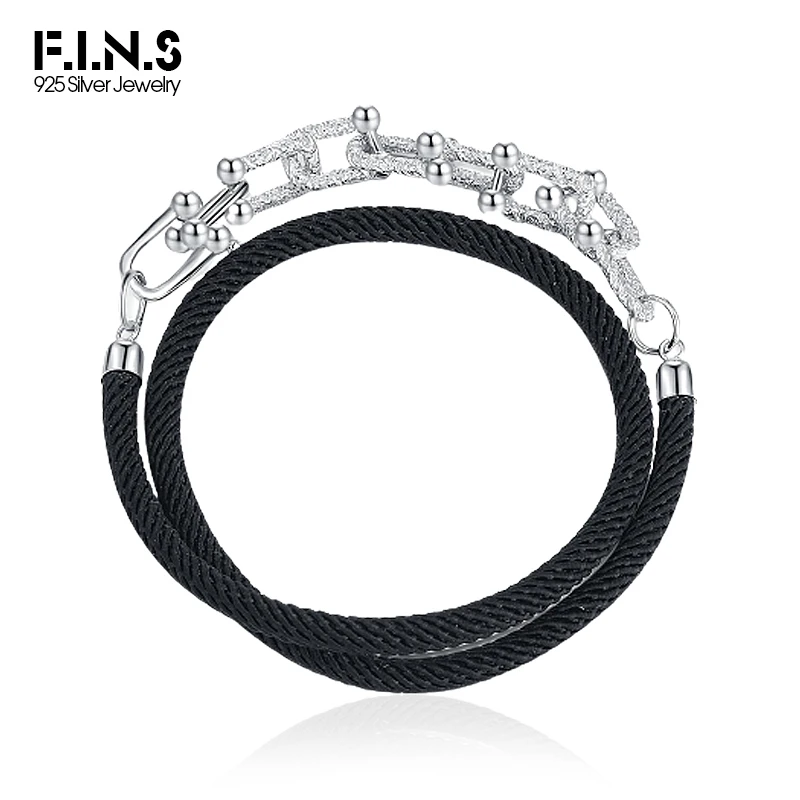 F.I.N.S Unique S925 Sterling Silver U-Shaped Buckles Chain Tang cao Patterns Necklace Retro Black Rope Choker Fashion Fine Jewel