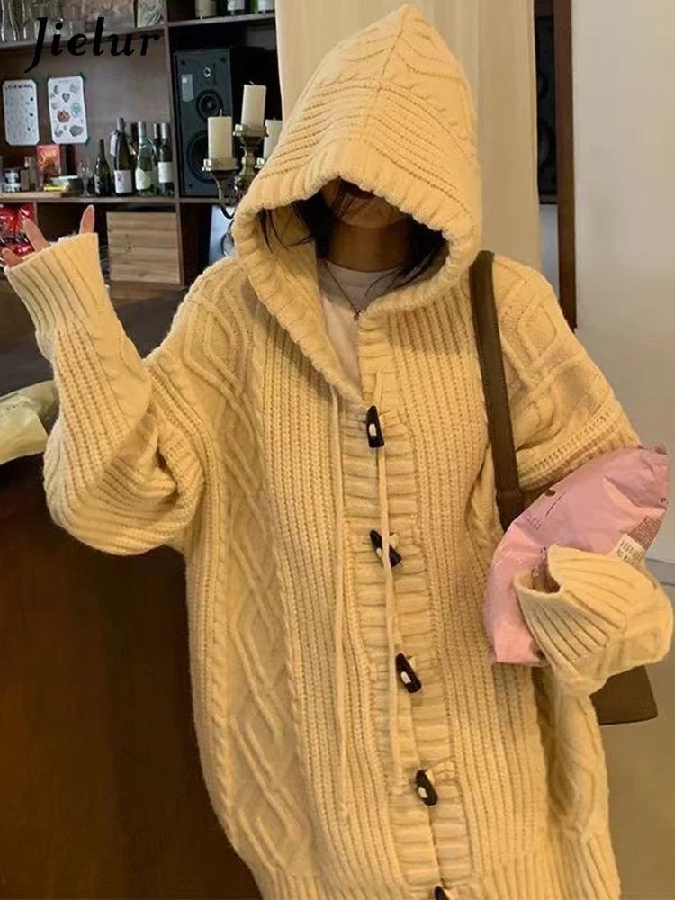 Jielur Hooded Chic Drawstring Loose Knitting Women Cardigan New Pure Color Single Breasted Fashion Simple Casual Female Cardigan