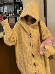 Jielur Hooded Chic Drawstring Loose Knitting Women Cardigan New Pure Color Single Breasted Fashion Simple Casual Female Cardigan