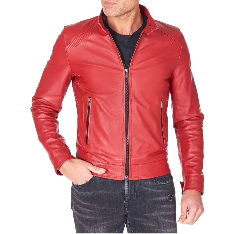 

Premium Men's Real Genuine Lambskin Leather Jacket Red Best Quality Zipper Biker