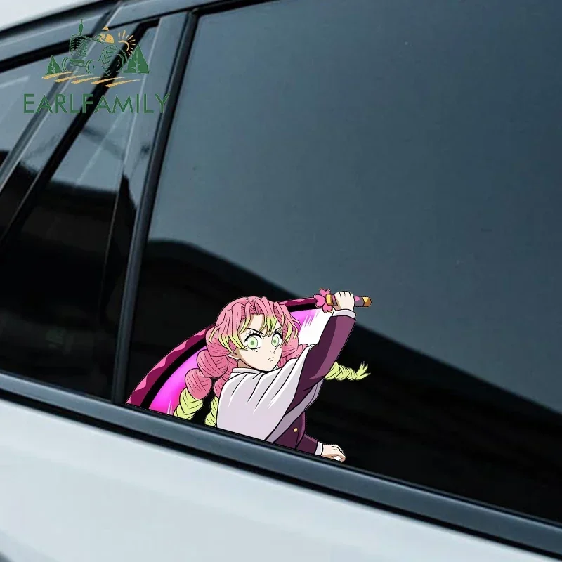 EARLFAMILY 13cm Kochou Shinobu Ninja Anime Peek Car Stickers Demon Vinyl Flame Knife Anime Decal Car Camper JDM Accessories