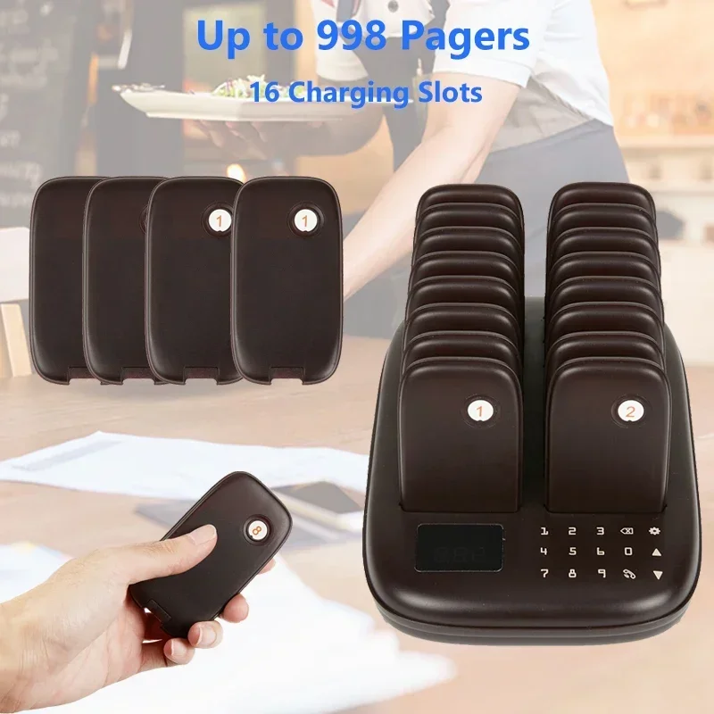 Restaurant Pager Wireless Calling System 16 Coasters Buzzer Vibrator Bell Receiver For Fast Food Truck Bar Coffee Queuing System