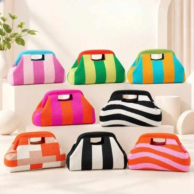 Color Block Striped Straw Handbag Hollow Cutout Handle Fresh Macaron Tote For Beach Vacation Party