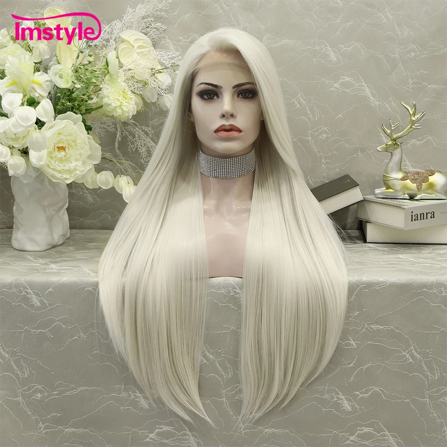 Imstyle-Longo Platina Loiro Sintético Peruca Dianteira Do Laço, Cabelo Liso, Fibra Resistente Ao Calor, Parte Livre Cosplay Perucas