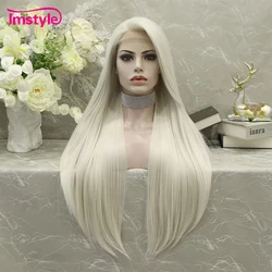 Imstyle-Longo Platina Loiro Sintético Peruca Dianteira Do Laço, Cabelo Liso, Fibra Resistente Ao Calor, Parte Livre Cosplay Perucas