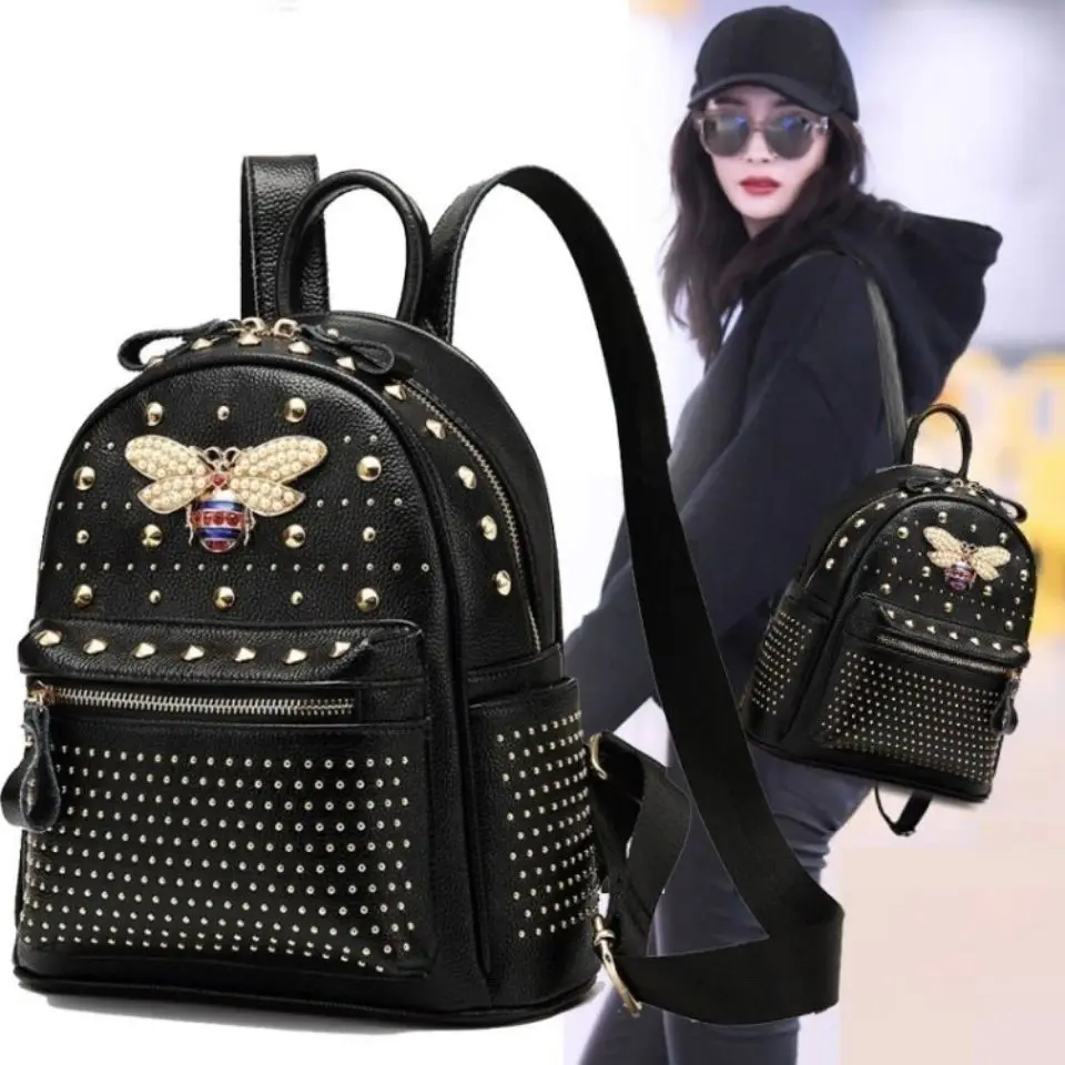 

Faionable Large Capaci Bee Rivet Top Layer Cowhide Bapa Women's New Sle Korean Version Trendy Double oulder Bag