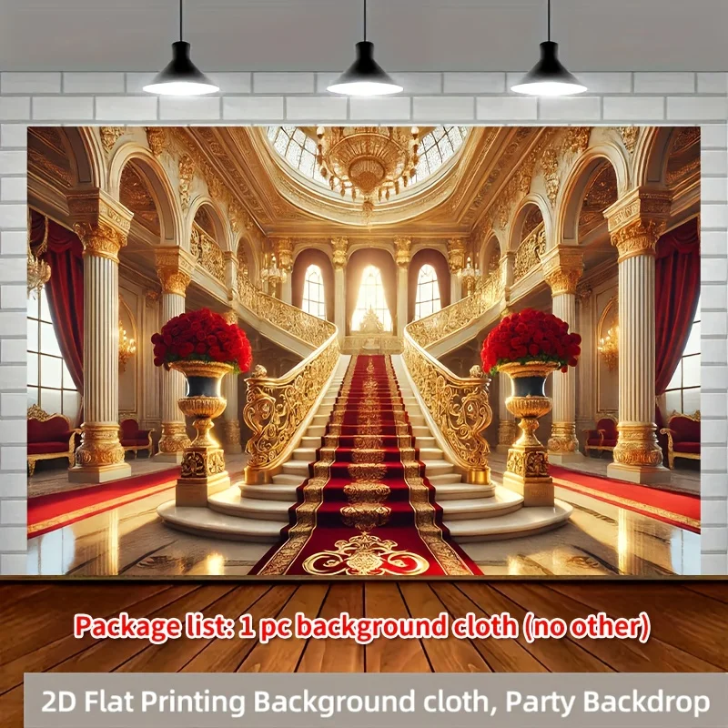 Golden Palace Staircase Red Carpet Royal Luxury 2D Flat Backdrop Elegant Event Wedding Prom Photo Booth Opulent Interior Design