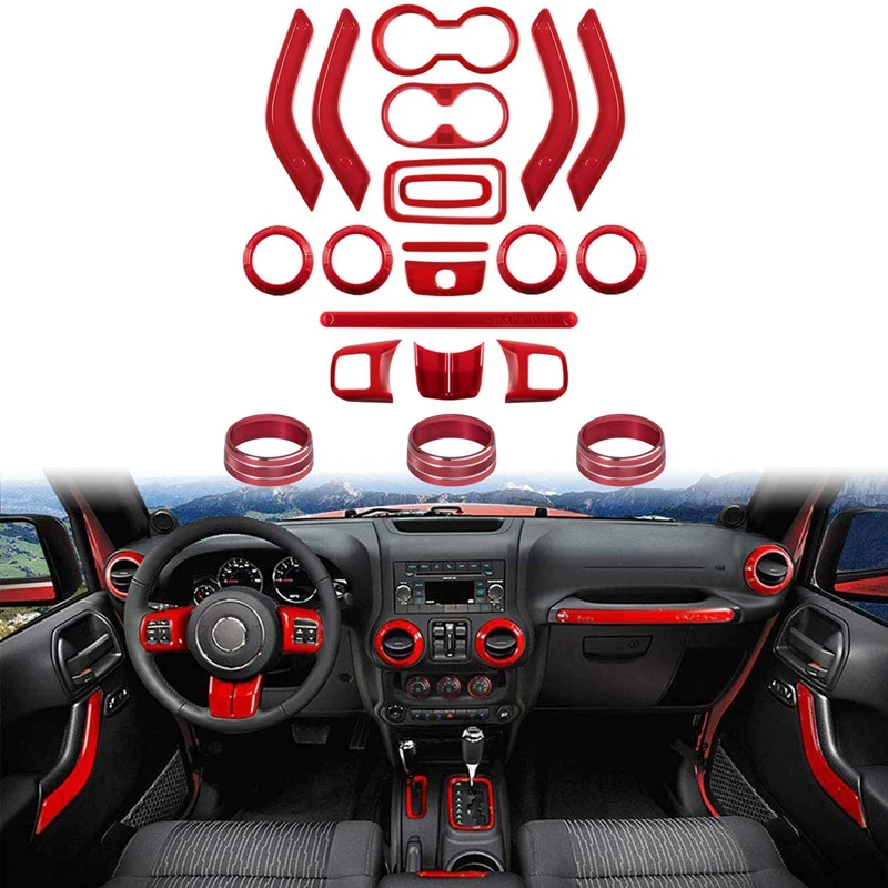 

21 PCS Car Interior Decoration Trim Kit Steering Wheel & Center Console Trim For JK Jeep Wrangler 2011-2017