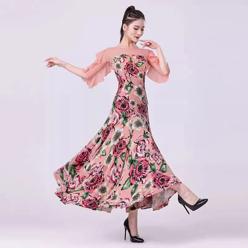 Women Ballroom Dress Clothes 2023 New Ruffle Sleeve Pink Waltz Costumes Chiffon High-end Party Modern Dance Competition Dresses