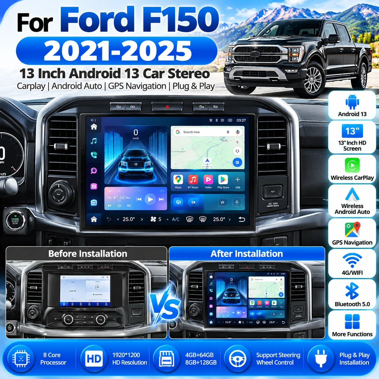 13 Inch Android 13 HD Screen Car Stereo Radio For Ford F150 2021-2025 Auto Multimedia Player Carplay GPS Navigation Head Unit