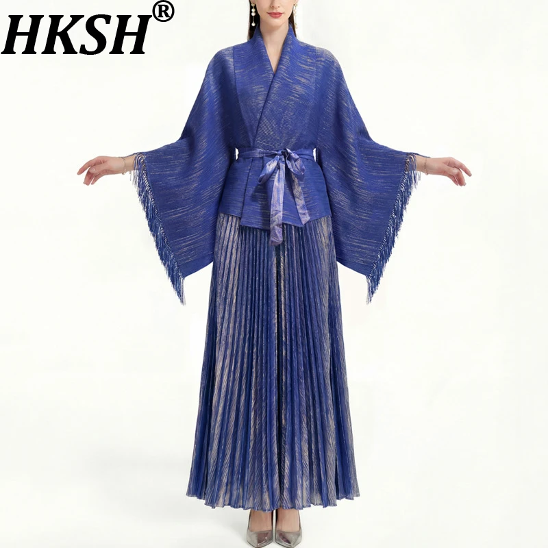 

HKSH Women Oversized Two-piece Set Batwing Sleeve Tassel Cape Shawl Elegant High-end Coat Pleated A-line Versatile Skirt HK21645