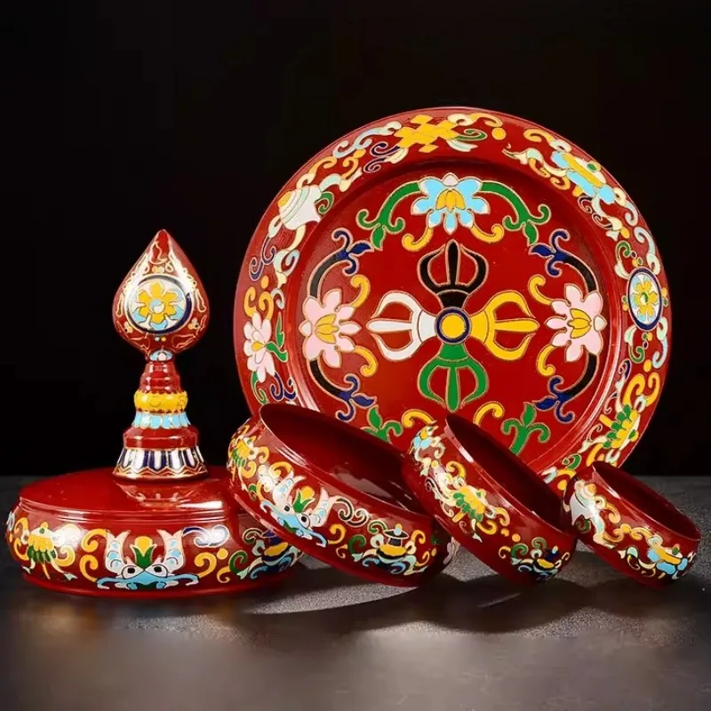 27.5CM High Tibetan Eight Auspicious All-copper Painted Manza Plate Home Indoor Buddhist Hall Table Offering Ornaments Supplies