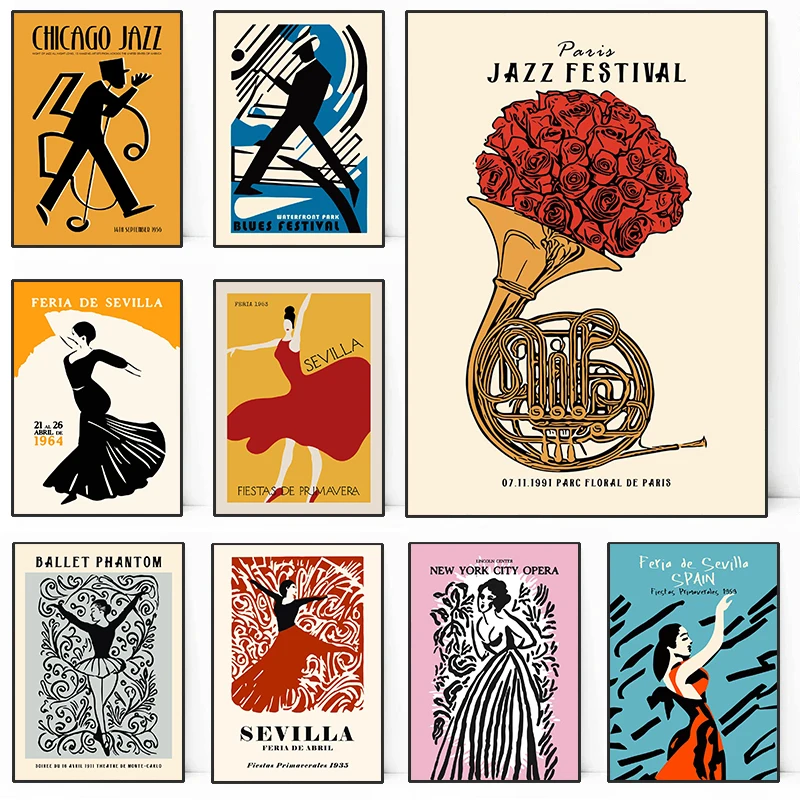 Vintage Spain Jazz Music Festivals Dance Art Poster Dancer Canvas Painting Wall Prints Picture Living Room Home Decor Cuasros