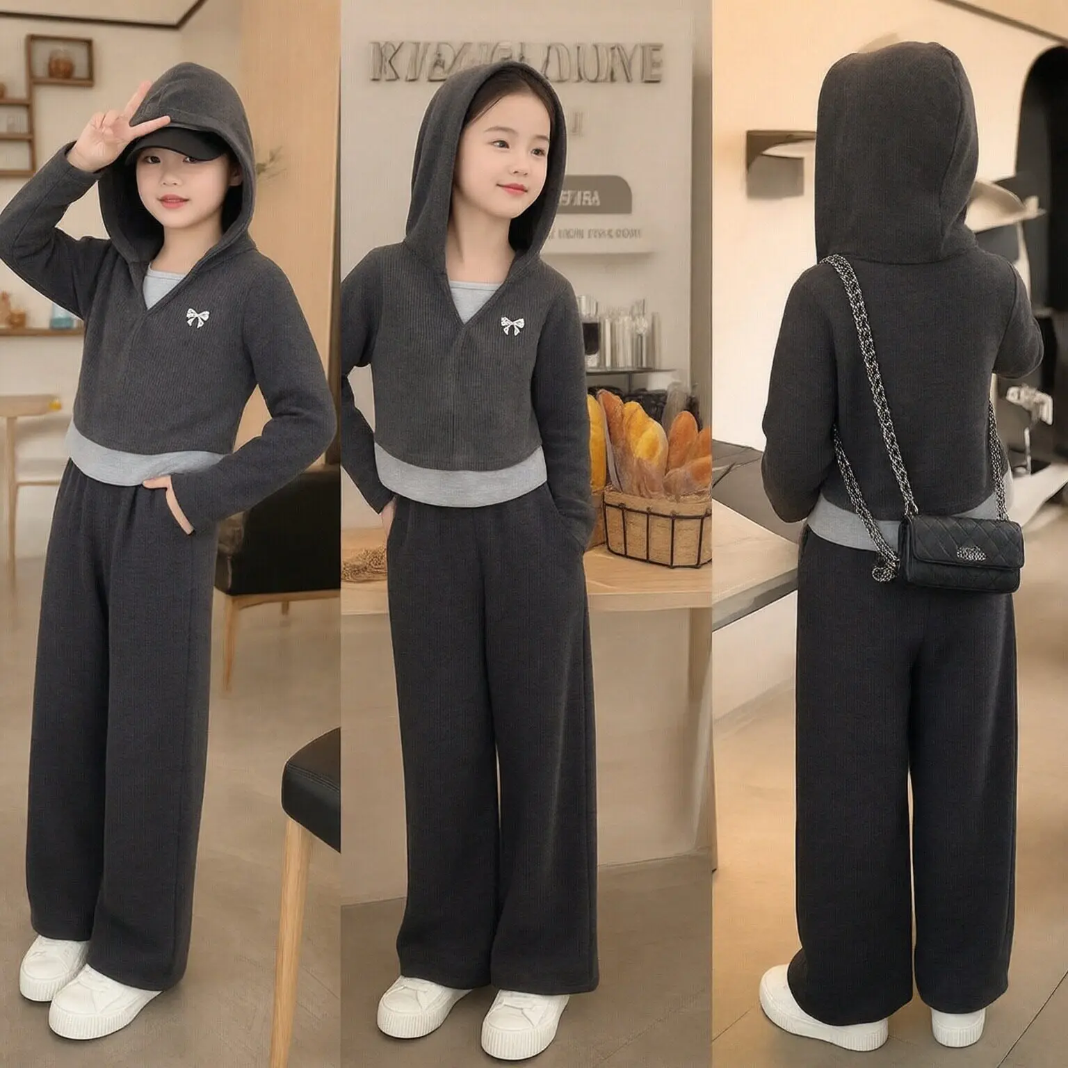 2026 autumn winter Teenager Clothes Children Set slim patchwork sweatshirt hooded + straight Pant tracksuit 4 6 8 10 12 14 year
