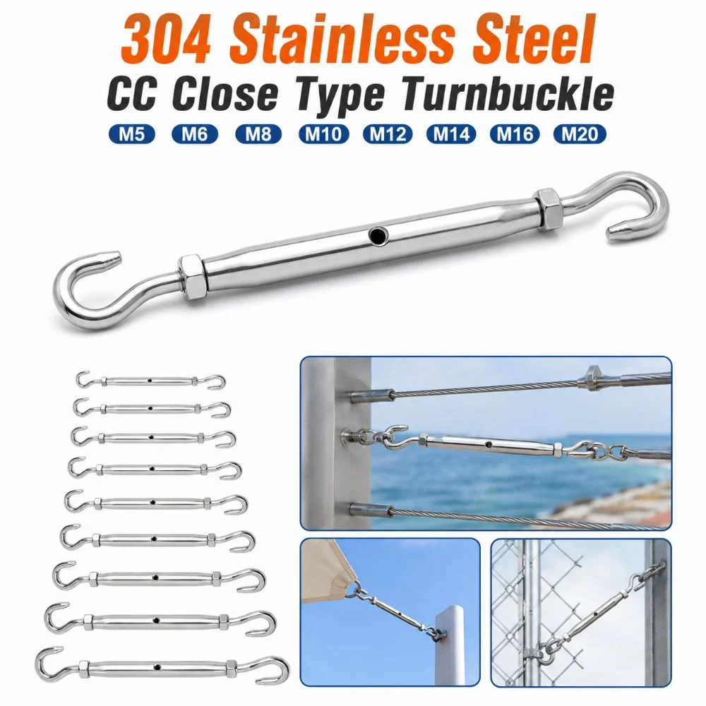 304 Stainless Steel CC Close Type Turnbuckle M5 M6 M8 M10 M12 M14 M16 M20 Adjustable Wire Rope Tensioner Sturdy Rust Proof