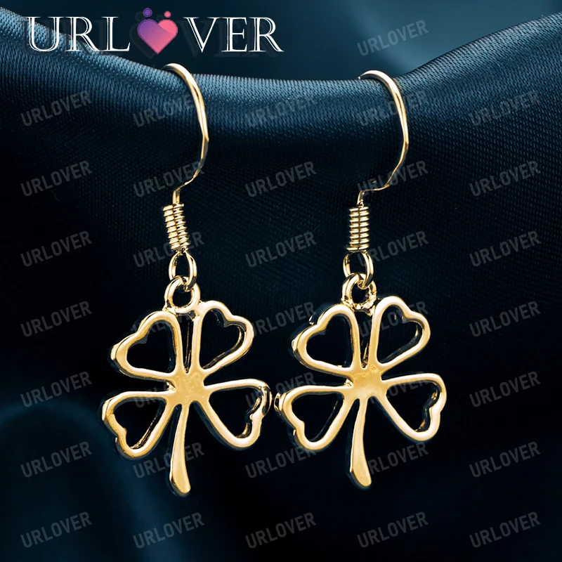 

URLOVER 18K Gold Four Leaf Clover Earrings For Women 925 Sterling Silver Drop Earring Party Wedding Birthday Fashion Jewelry