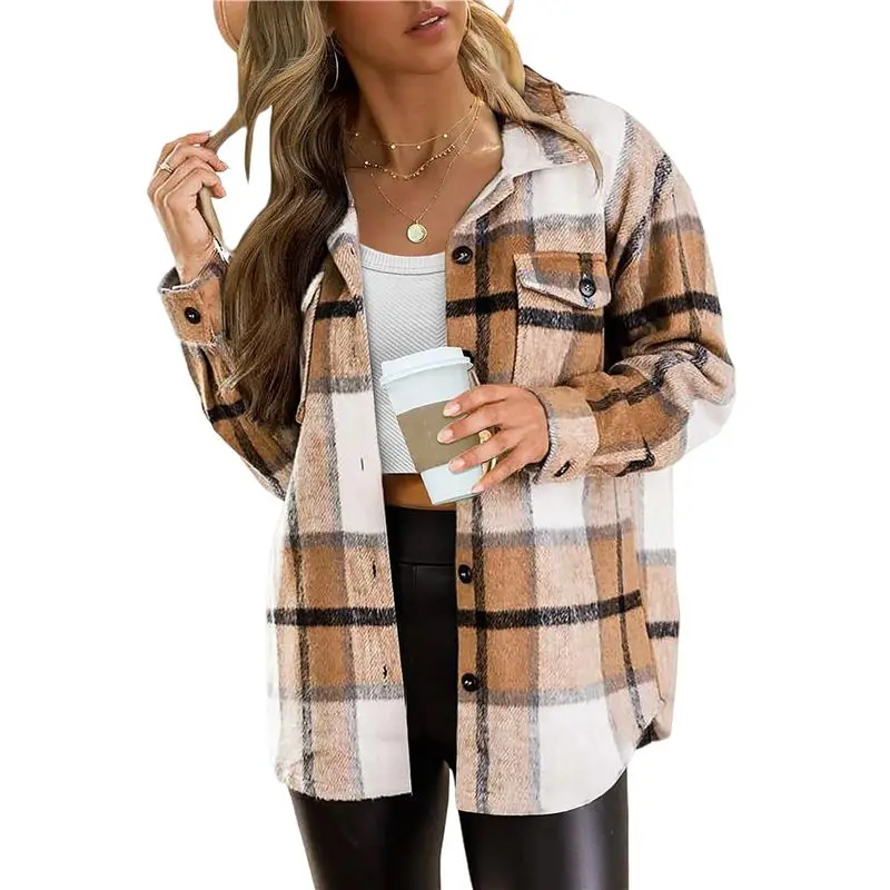 

CYL-Women's Spring Fall Clothing Fashion Elegant Long Sleeve Lapel Loose Plaid Shirt Jacket Flannel Button Shirt