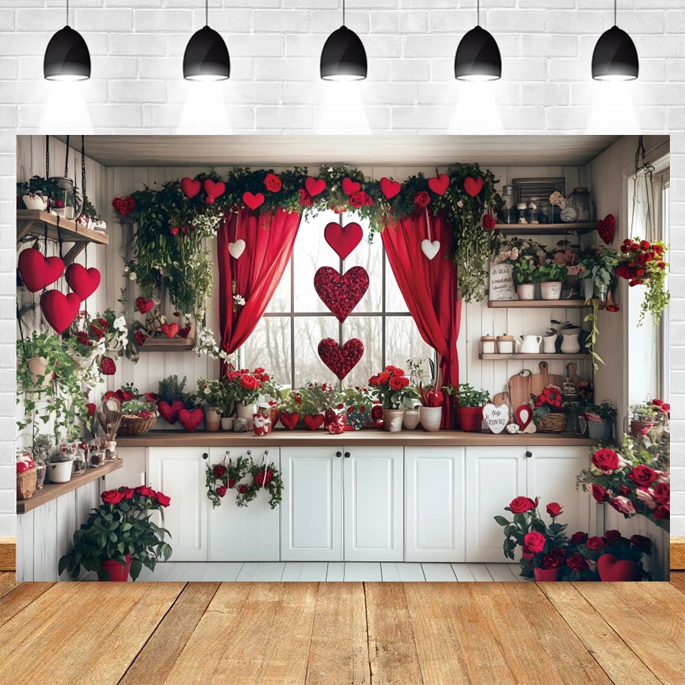 

February 14th Valentine's Day Photography Backdrop Romantic Kitchen Rose Flowers Portrait Decoration Photo Background Photoboorh
